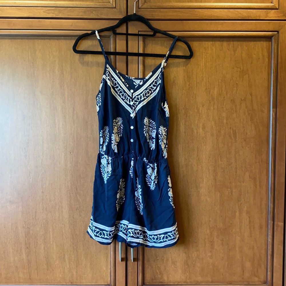 Navy and beige patterned button down Romper